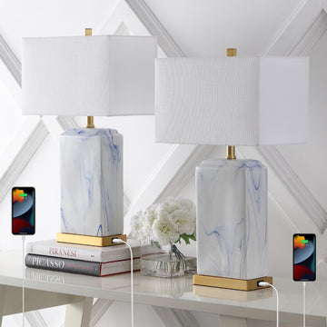 Chloe 24.5" Modern Coastal Iron/Marbled Ceramic LED Table Lamp with USB Charging Port - JONATHAN Y